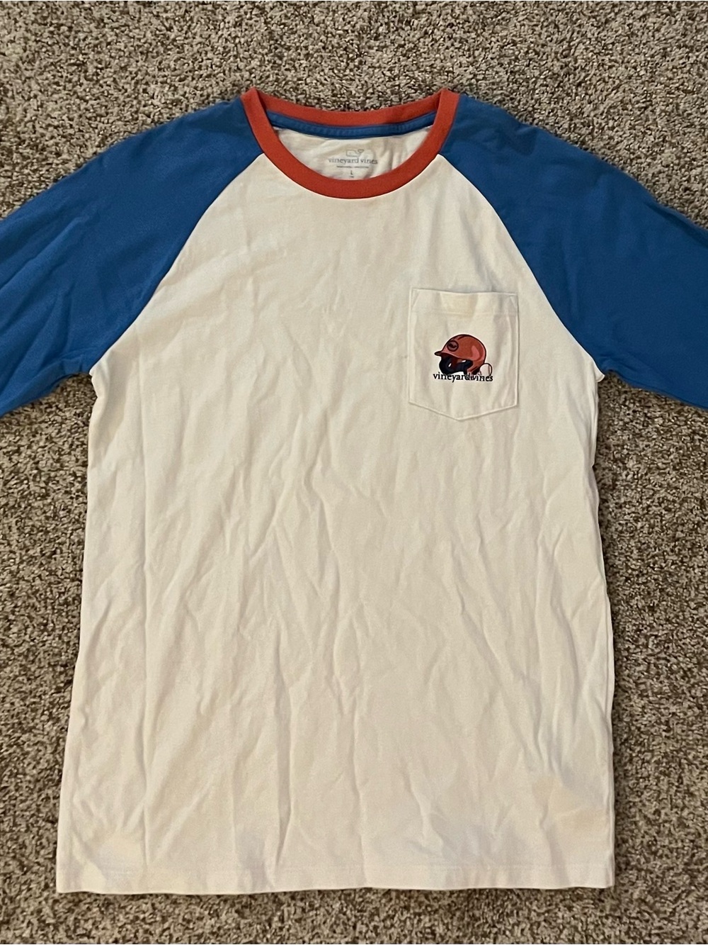 Vineyard Vines White Raglan T-Shirt with Blue Sleeves and Red Neck